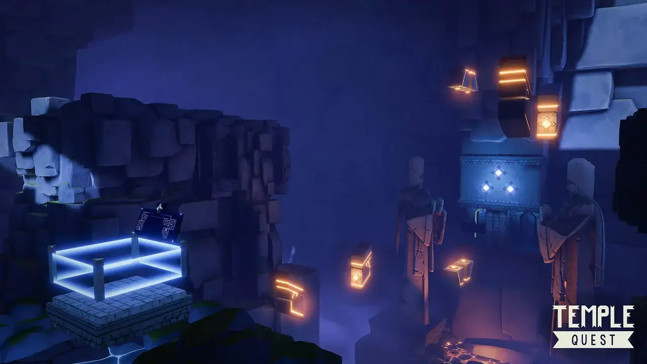 Blue cave with a glowing puzzle pedestal and shining stone blocks