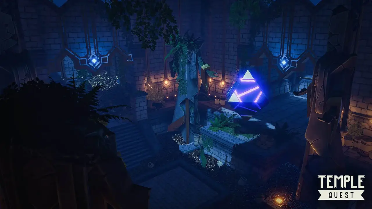 Dark temple hall with a glowing triangle symbol and statues
