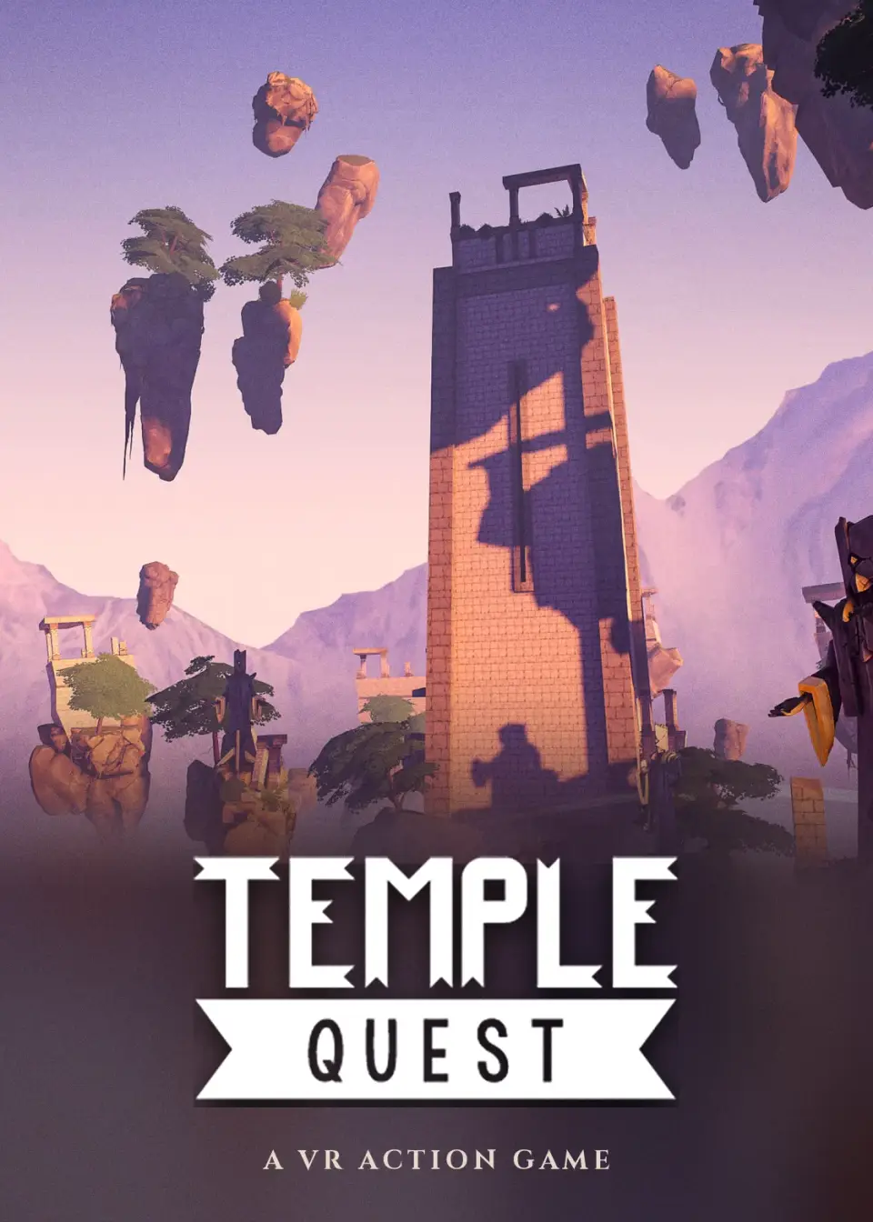 Temple Quest poster: a ruined tower among floating rock islands