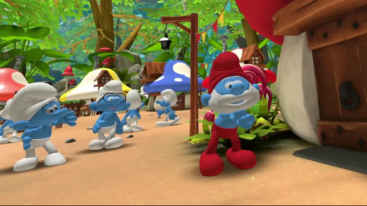 Papa Smurf and several Smurfs on a village path between mushroom houses
