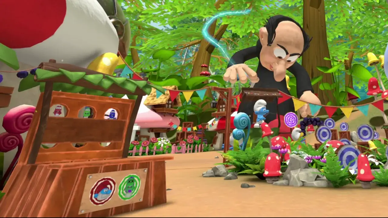 Gargamel leaning over the colourful Smurf village with bunting