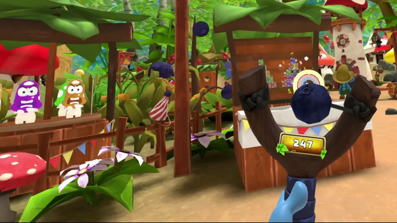 Blue hand aiming a blueberry slingshot at a village game stall