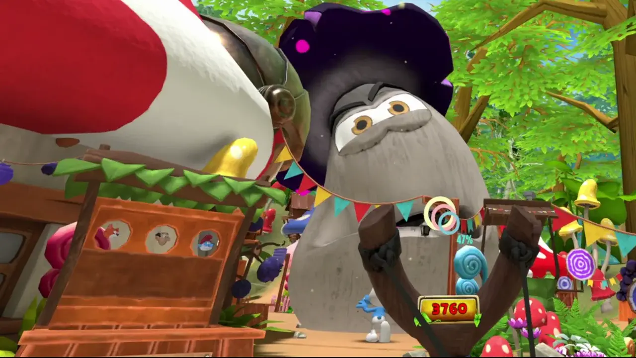 Giant grey magic mushroom with eyes looms over the village, slingshot in front