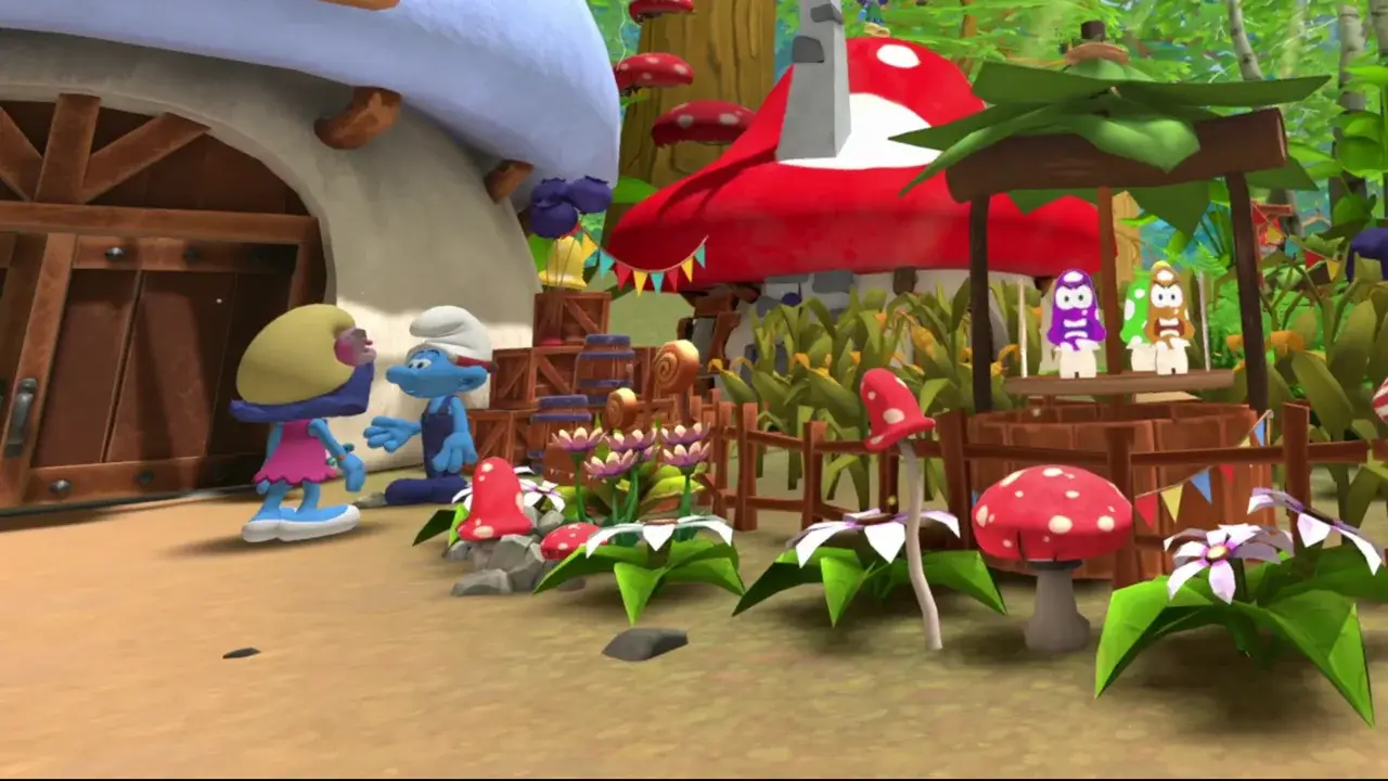 Smurfette and a Smurf outside a mushroom house next to a game stall