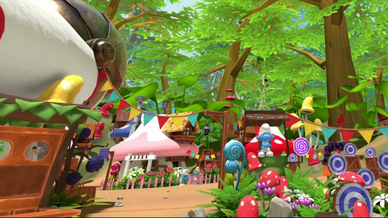 Sunny Smurf village with mushroom houses, targets and bunting