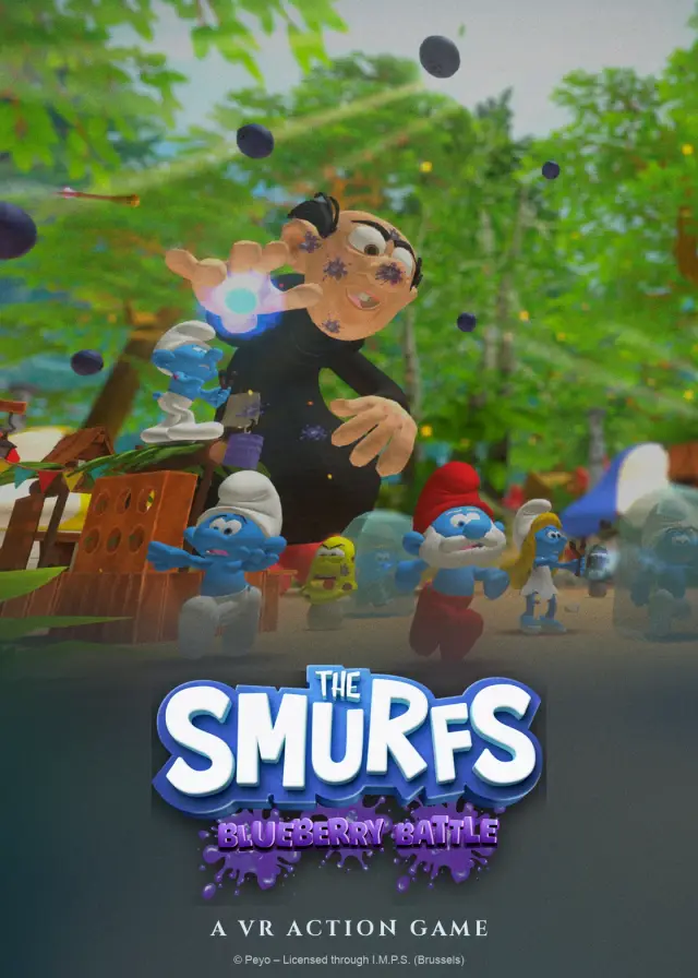 Plakat von The Smurfs Blueberry Battle: Gargamel wirft Blaubeeren, Schlümpfe laufen davon