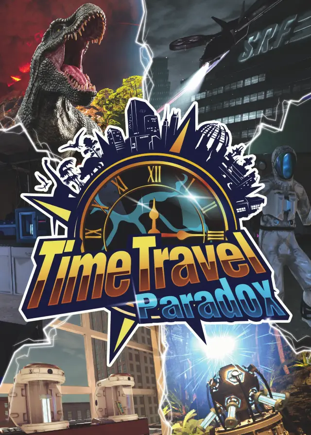Plakat von Time Travel Paradox: Dinosaurier, Zeitmaschine und Zukunftsstadt um eine Uhr