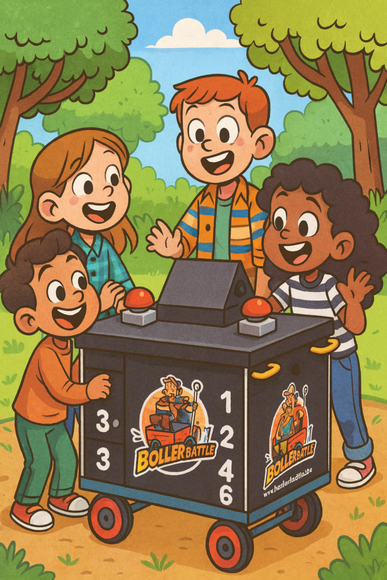 Vier Kinder spielen lachend mit dem Boller Battle Kids Bollerwagen bei einem Outdoor-Spiel im Park.