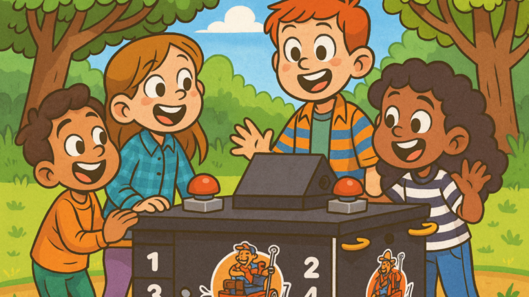 Vier Kinder spielen lachend ein Outdoor-Spiel mit Buzzer-Gerät im Park.