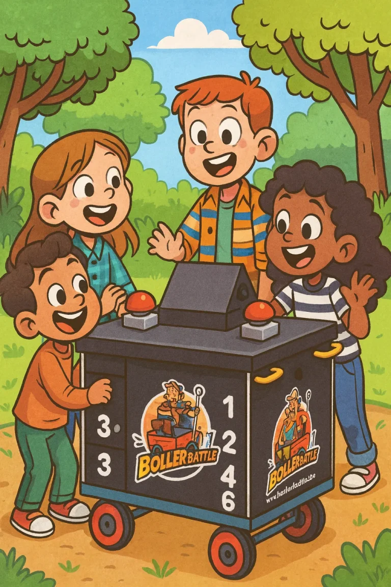 Vier Kinder spielen lachend mit dem Boller Battle Kids Bollerwagen bei einem Outdoor-Spiel im Park.
